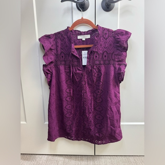 LOFT Deep Purple Eyelit Blouse with Ruffle Sleeves - Picture 2 of 4